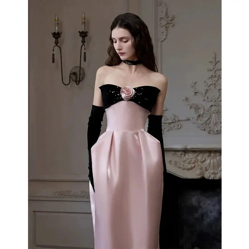 Satin Pink Flower Strapless Maxi Prom Dress Avalabel