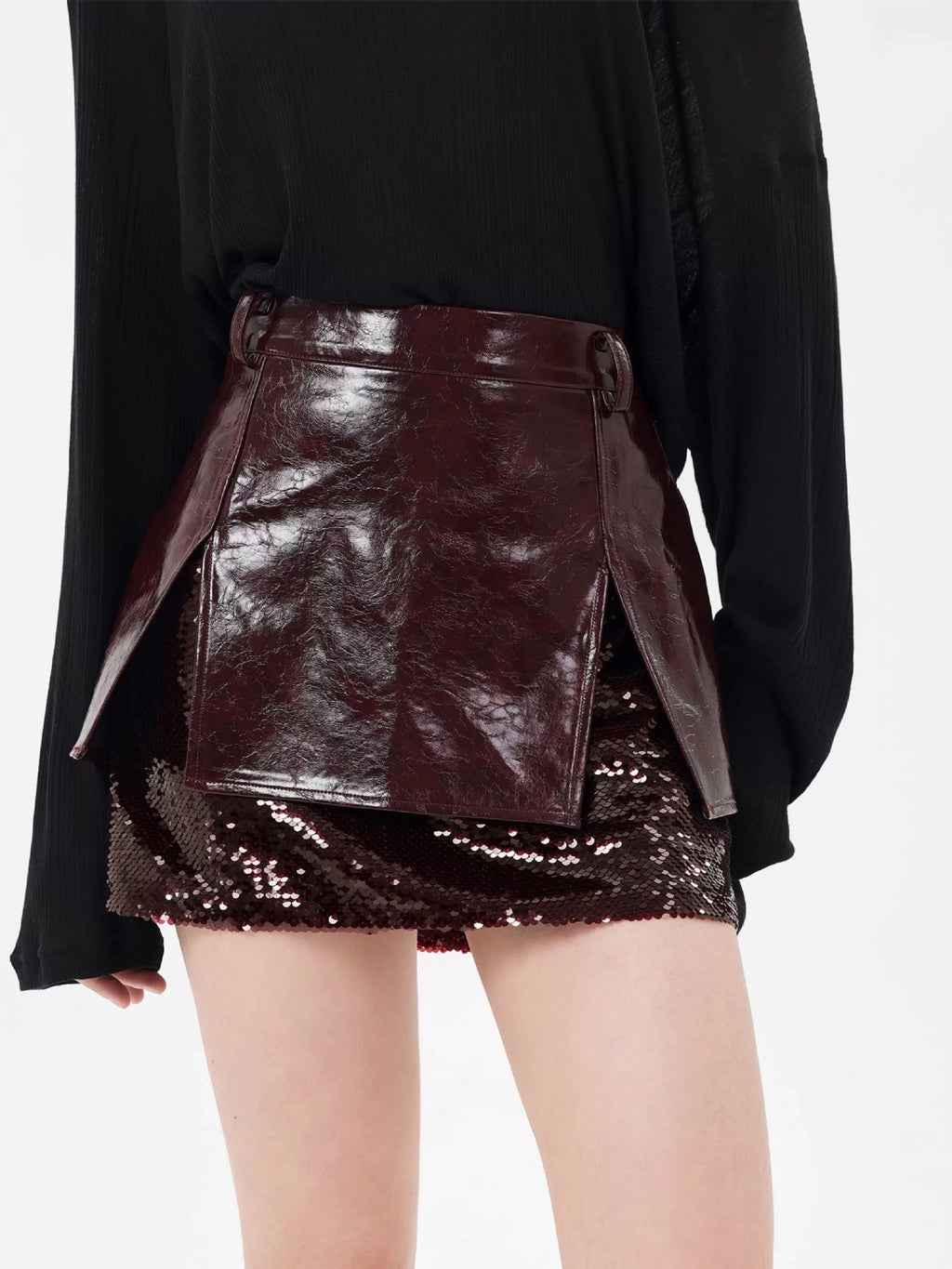 Camille Sequin Embellished Leather Mini Skirt in Burgundy Avalabel