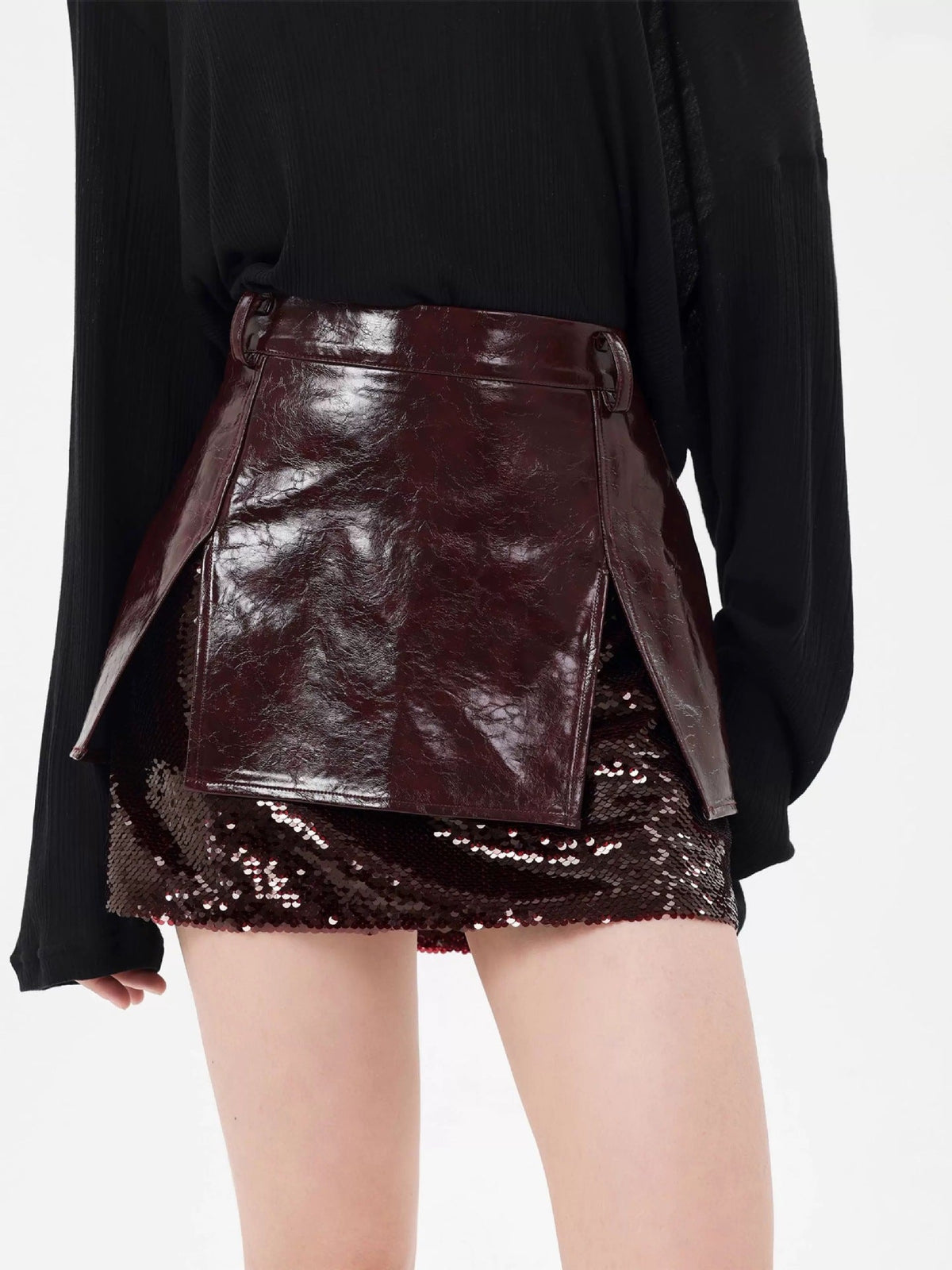 Camille Sequin Embellished Leather Mini Skirt in Burgundy Avalabel