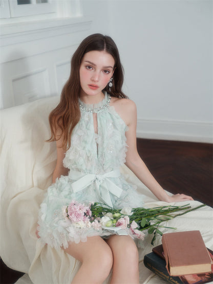 Pastel Green Ribbon Floral wedding guest bridal Dress