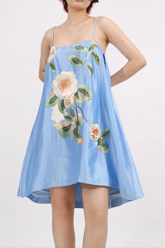 Edwina Applique Floral Embroidered Mini Dress in Blue Avalabel