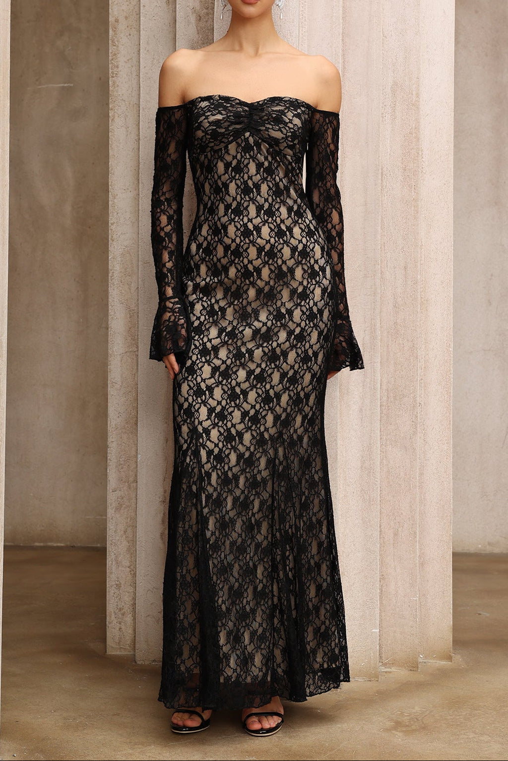 anna One-shoulder lace long sleeves maxi dress in black Avalabel