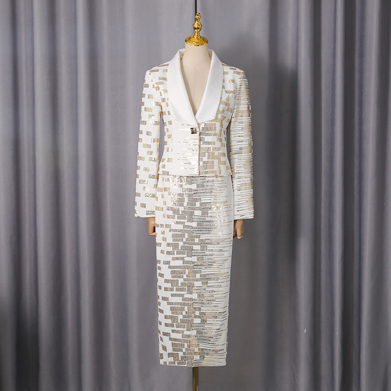 high-waisted skirt Gold sequin print blazer suit in white Avalabel