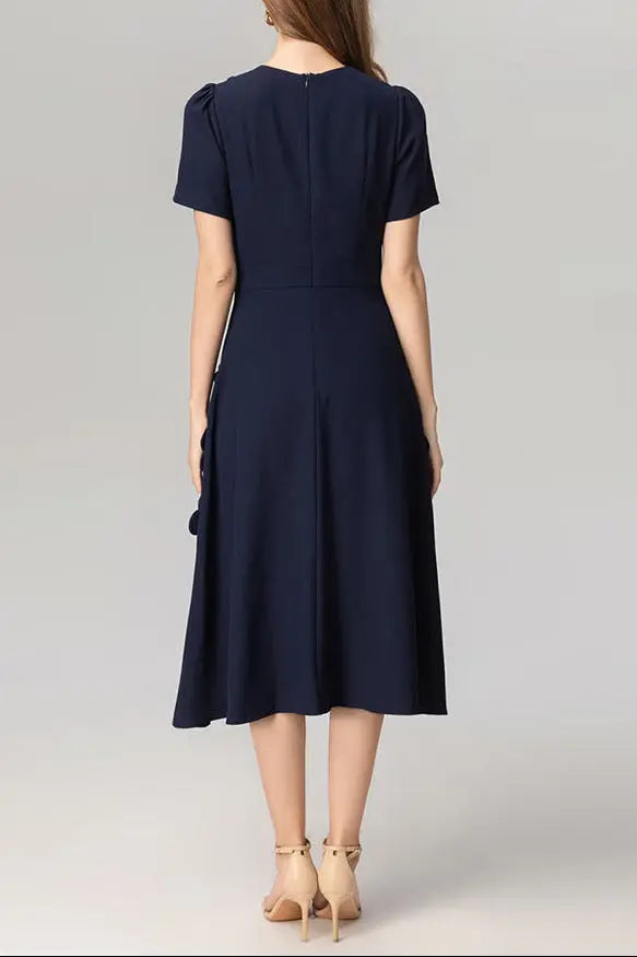 katherine 3d flower appliqué midi dress in navy blue Avalabel