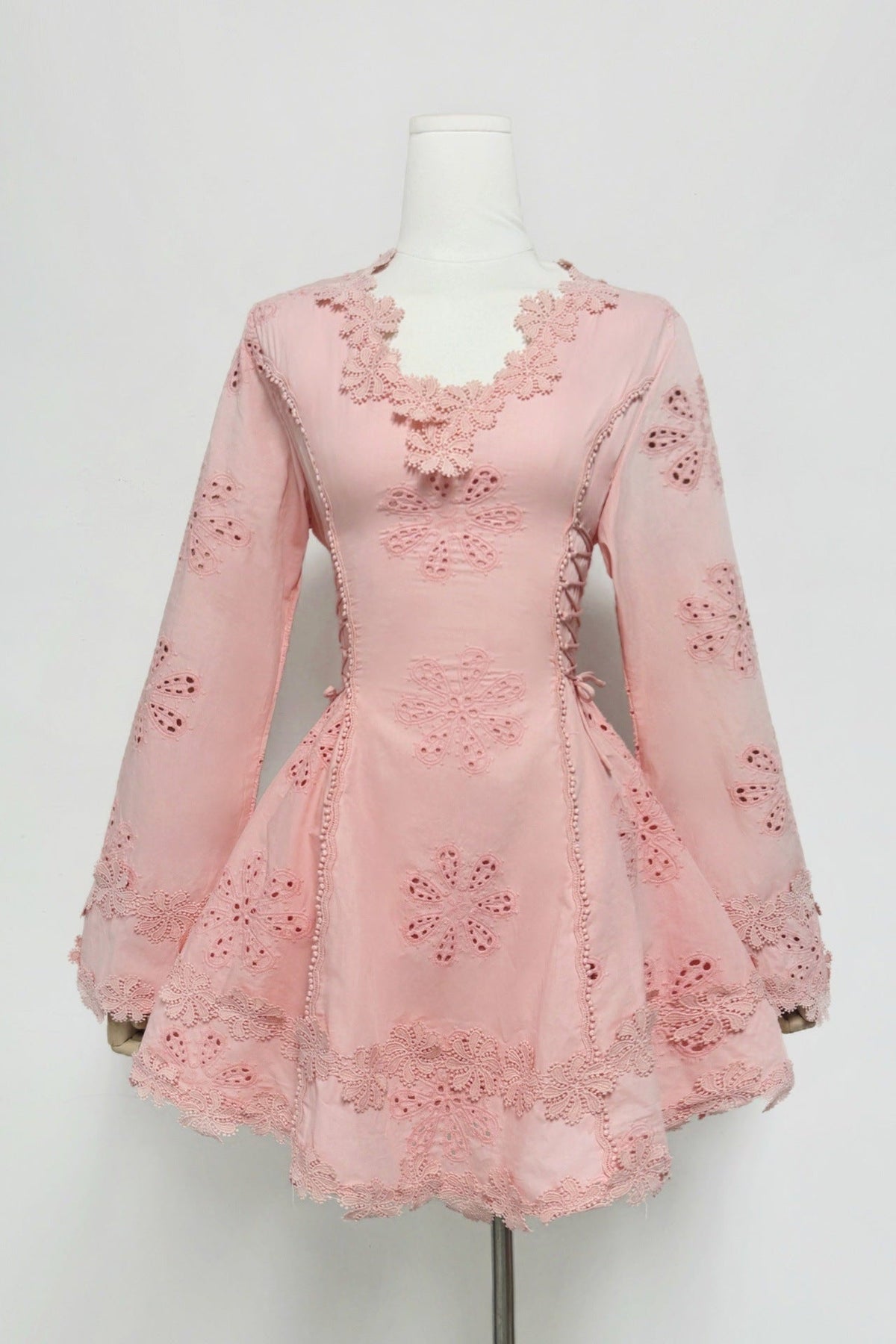 Flower Embroidery Hollow Mini Dress in White Avalabel