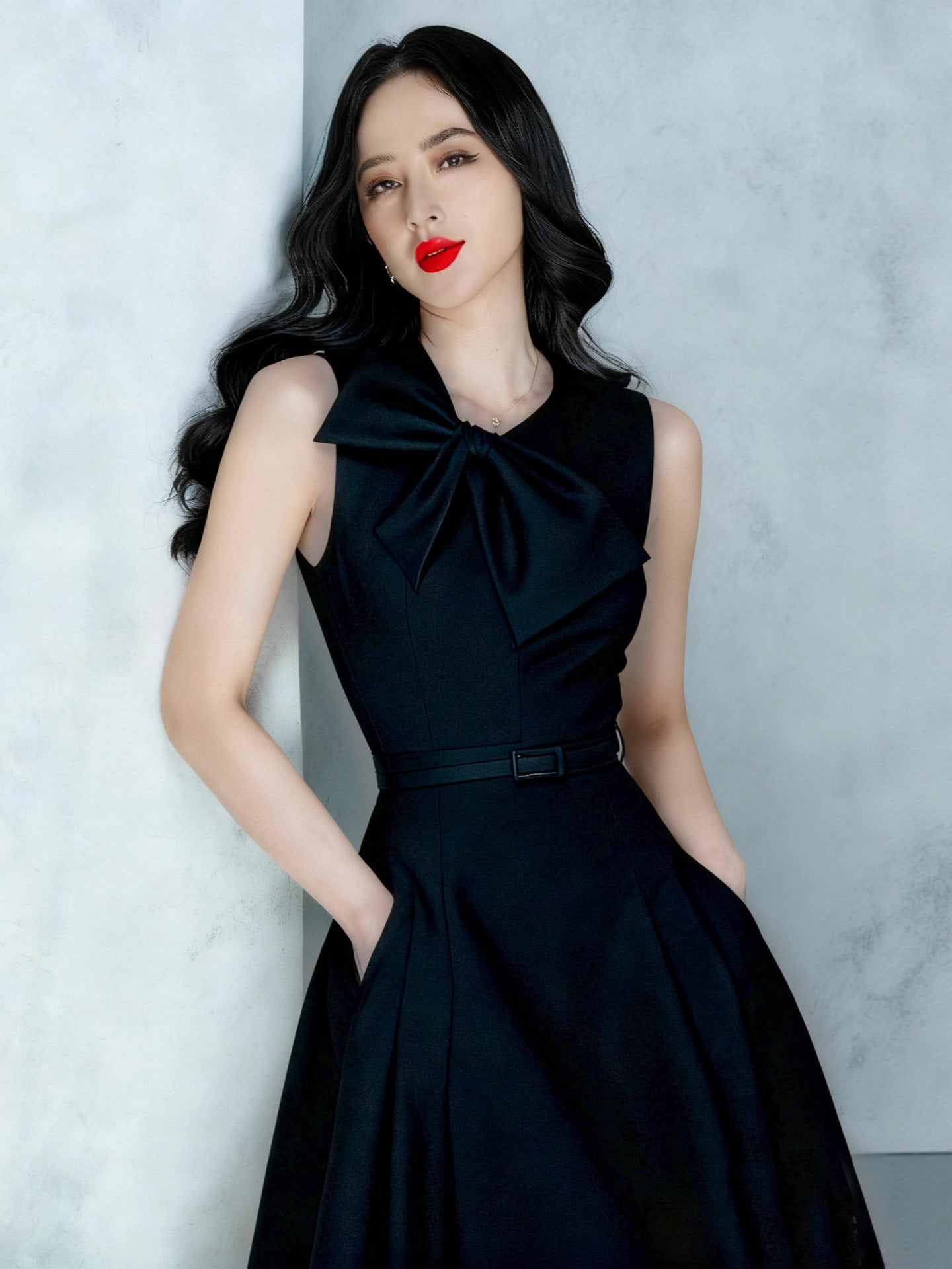 Irregular Bow A-line Midi Dress with Belt Avalabel
