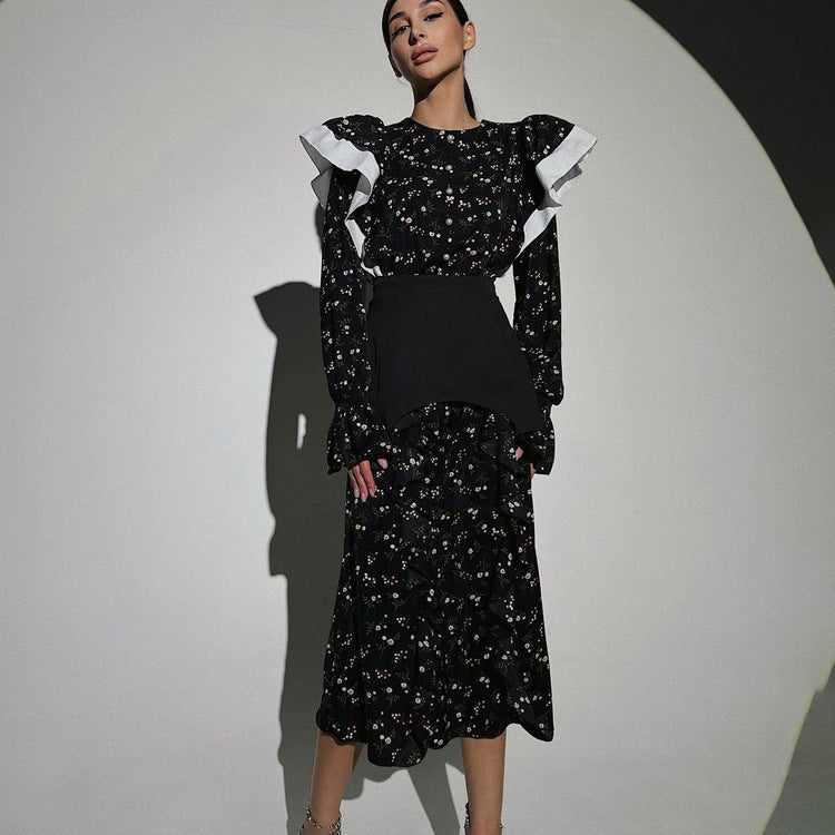 Sebastiane Floral Print Ruffle Trim Midi Dress in Black Avalabel