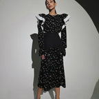 Sebastiane Floral Print Ruffle Trim Midi Dress in Black Avalabel