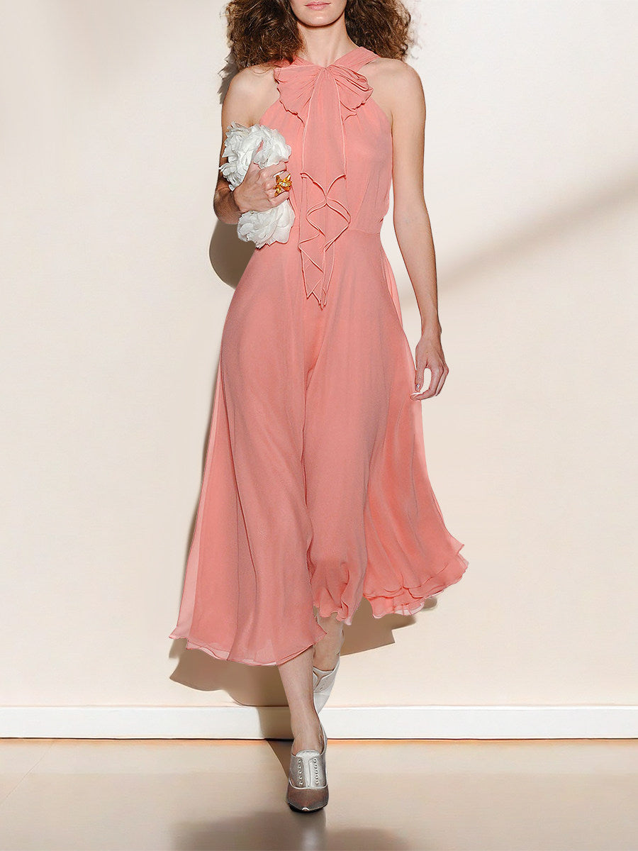 Pink Halter-Neck Midi Dress Avalabel