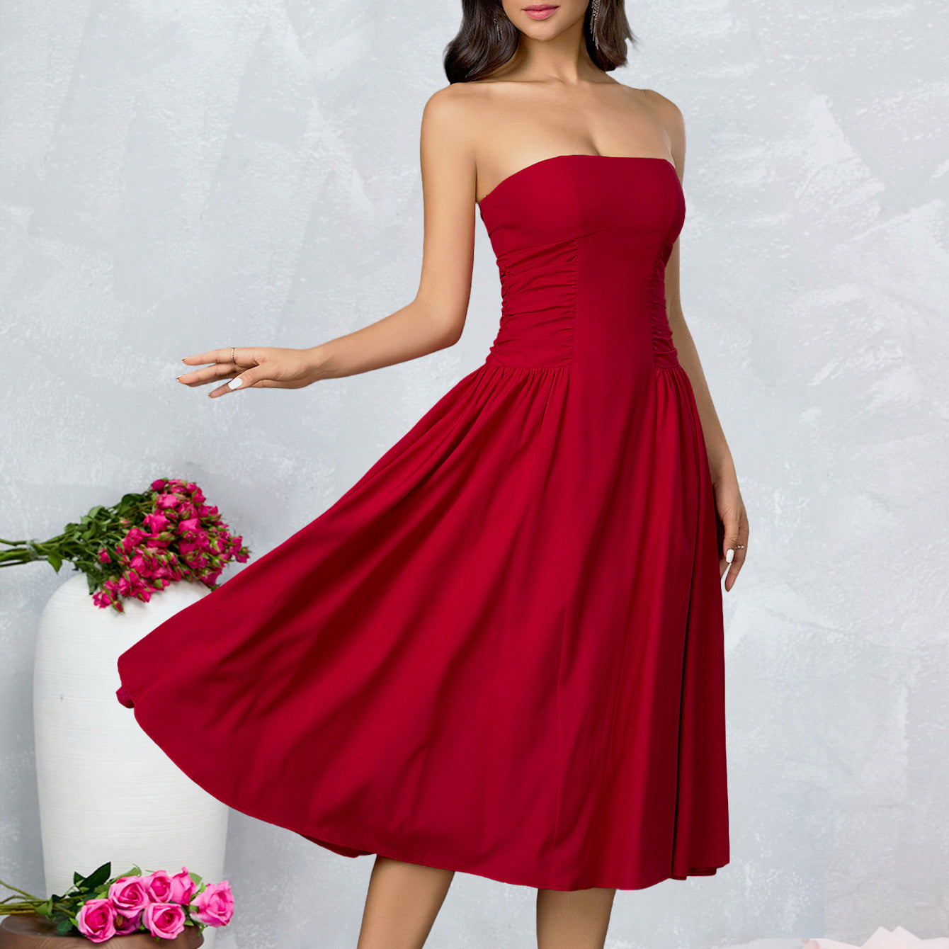 Strapless Side Ruched Flared Midi Dress poava