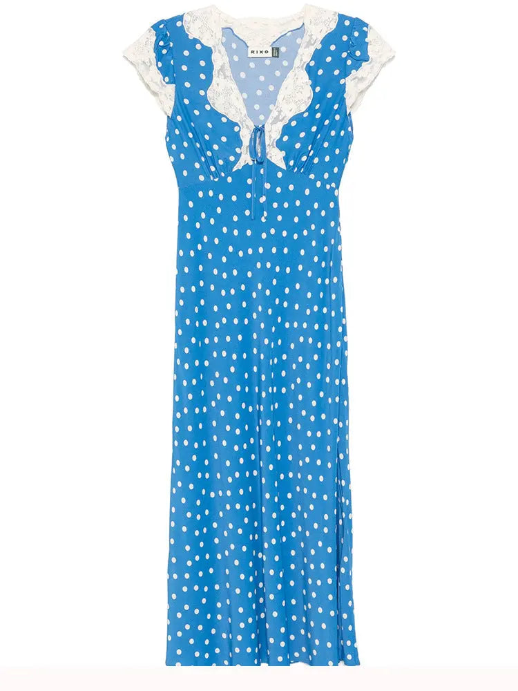 Lyuba Polka Dot Lace-Trimmed V-Neck Maxi Dress in Blue Avalabel