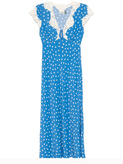 Lyuba Polka Dot Lace-Trimmed V-Neck Maxi Dress in Blue
