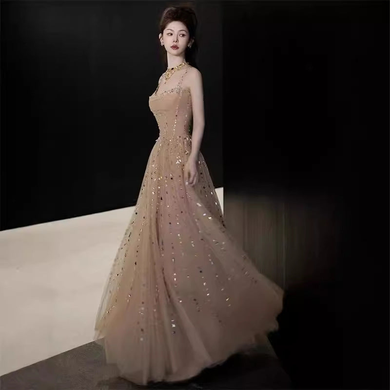 Nicola's Elegant Backless Halter Maxi Dress - Champagne Avalabel