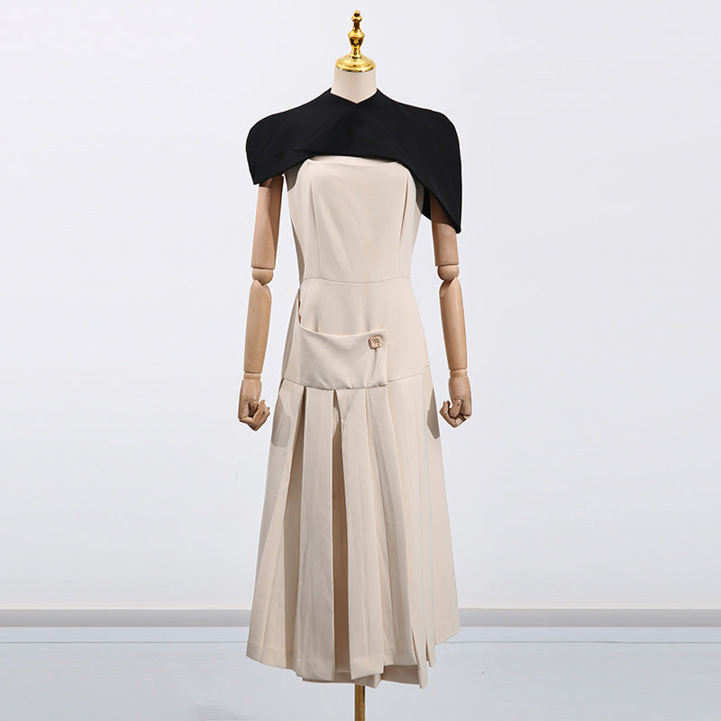 Gustave Khaki Cape Sleeveless Irregular Midi Dress Avalabel