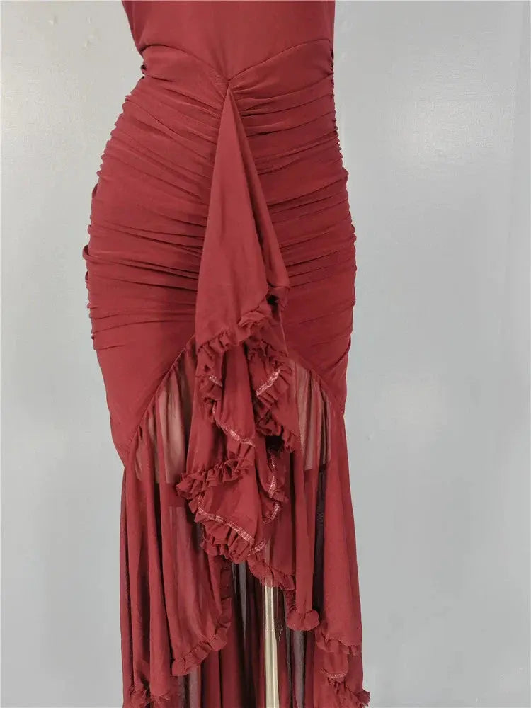 Burgundy mesh ruffle waist maxi dress Avalabel