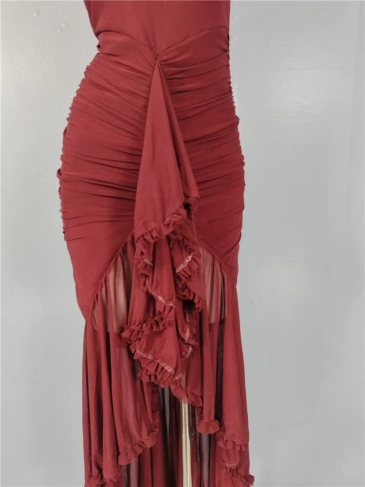 Burgundy mesh ruffle waist maxi dress