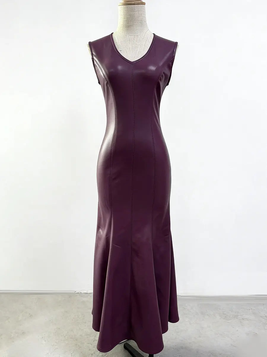 Ophelia V-Neck Sleeveless Leather Maxi Dress in Burgundy Avalabel