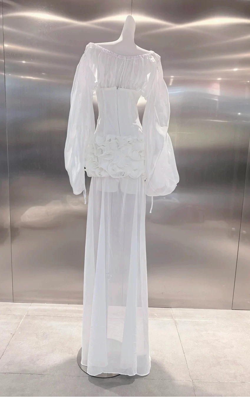 Off Shoulder Sheer Sleeve Corset Ruffle High Low Mini Dress poava