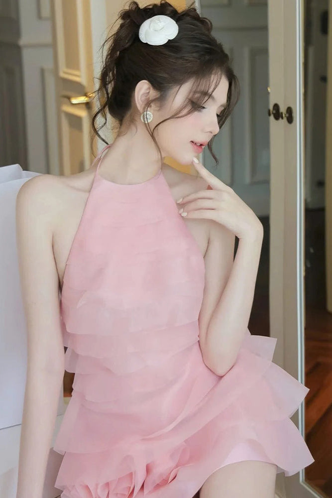 3D Flower Halter Ruffle Layer Mini Dress in Pink Avalabel