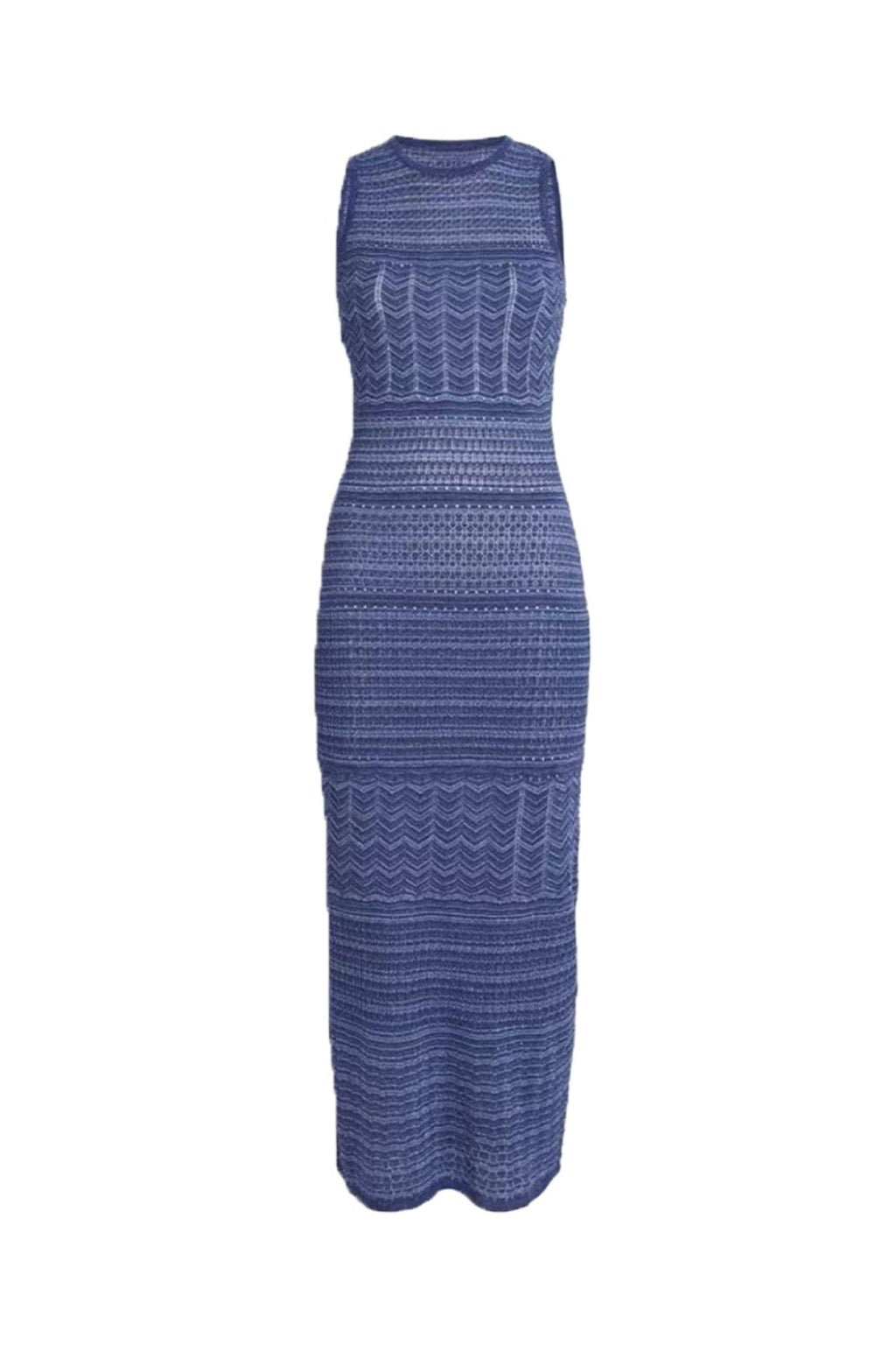 Hollow Striped Sleeveless Knit Midi Dress in Royal Blue Avalabel