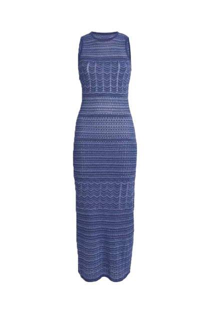 Hollow Striped Sleeveless Knit Midi Dress in Royal Blue