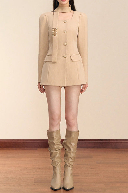 molly square neck long sleeve mini blazer dress in Khaki Avalabel