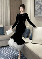 zona black Beaded irregular hem velvet fishtail maxi dress Avalabel