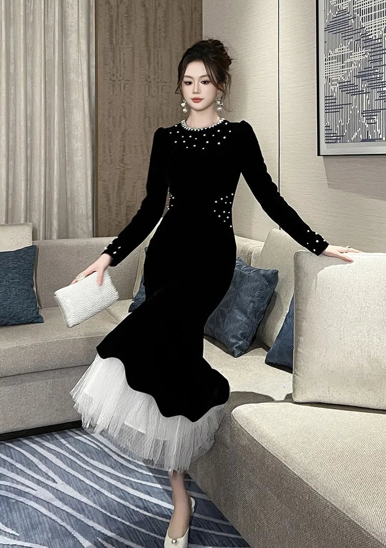 zona black Beaded irregular hem velvet fishtail maxi dress Avalabel