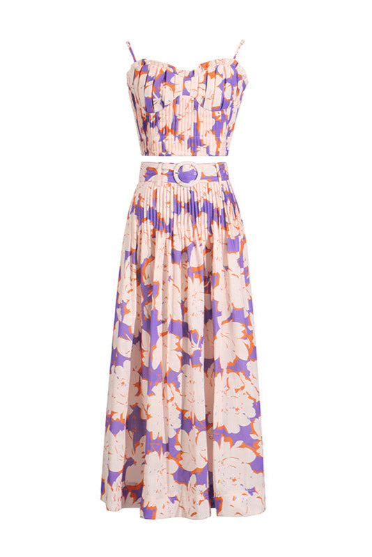 Pleated Floral-Print Linen Bustier Top Skirt Set in Blue Avalabel