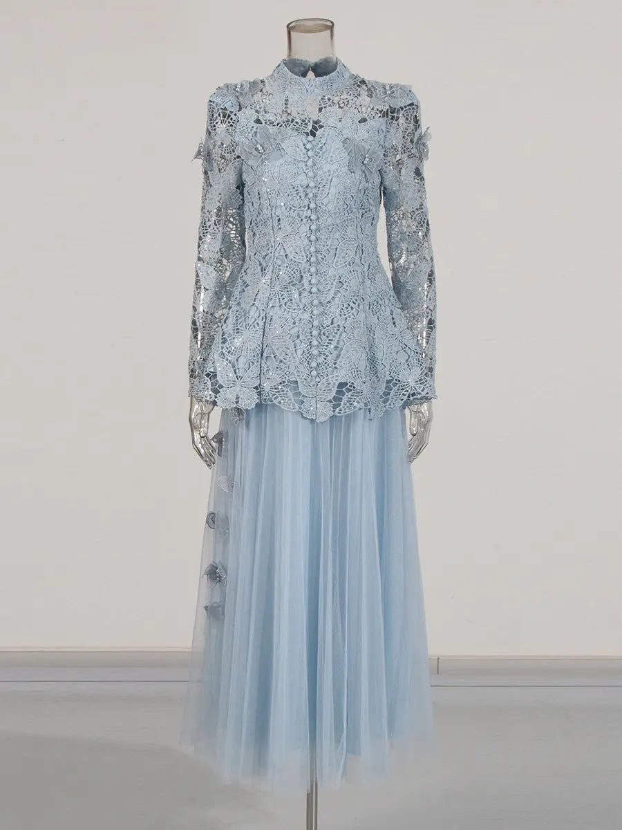 yvette blue Long Sleeve Folds Lace Butterfly Top And Skirt Two-Piece Set Avalabel