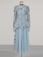yvette blue Long Sleeve Folds Lace Butterfly Top And Skirt Two-Piece Set Avalabel
