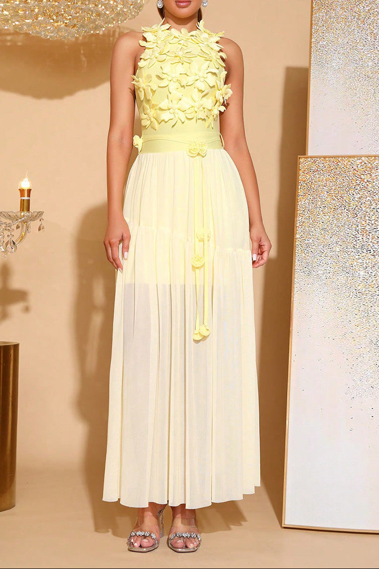 aurora 3D flower Splicing bandage mesh maxi dress in yellow Avalabel