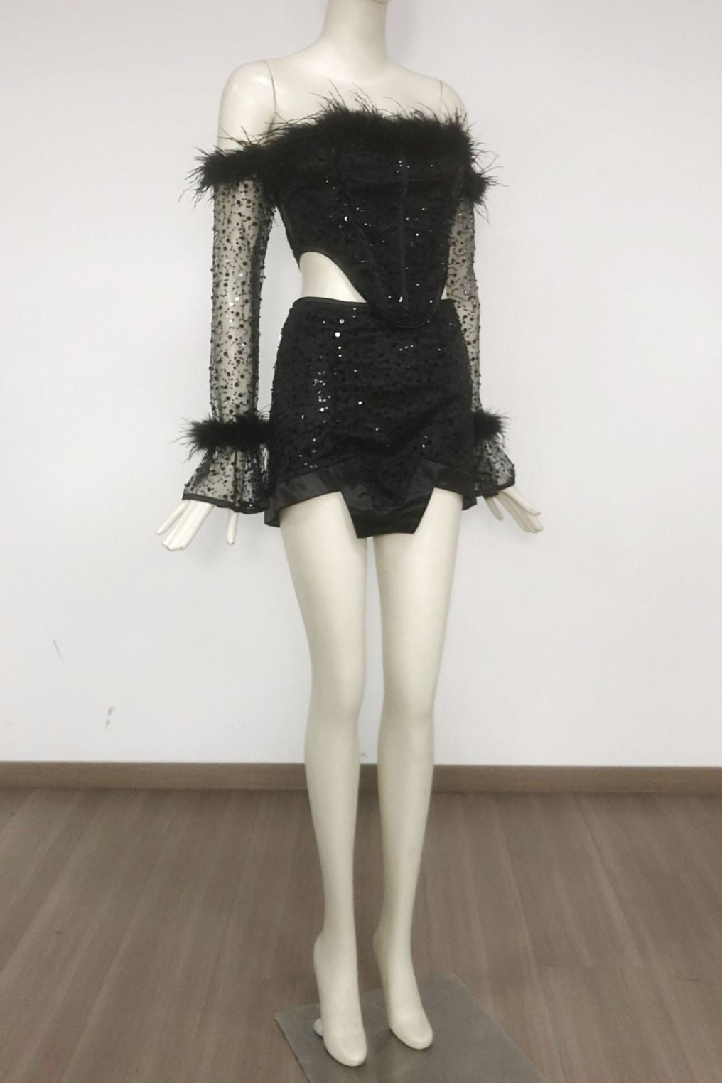 Black Off-Shoulder Top Short Mesh Skirt Set Avalabel