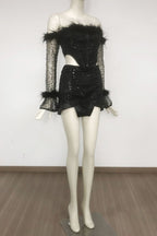 Black Off-Shoulder Top Short Mesh Skirt Set Avalabel