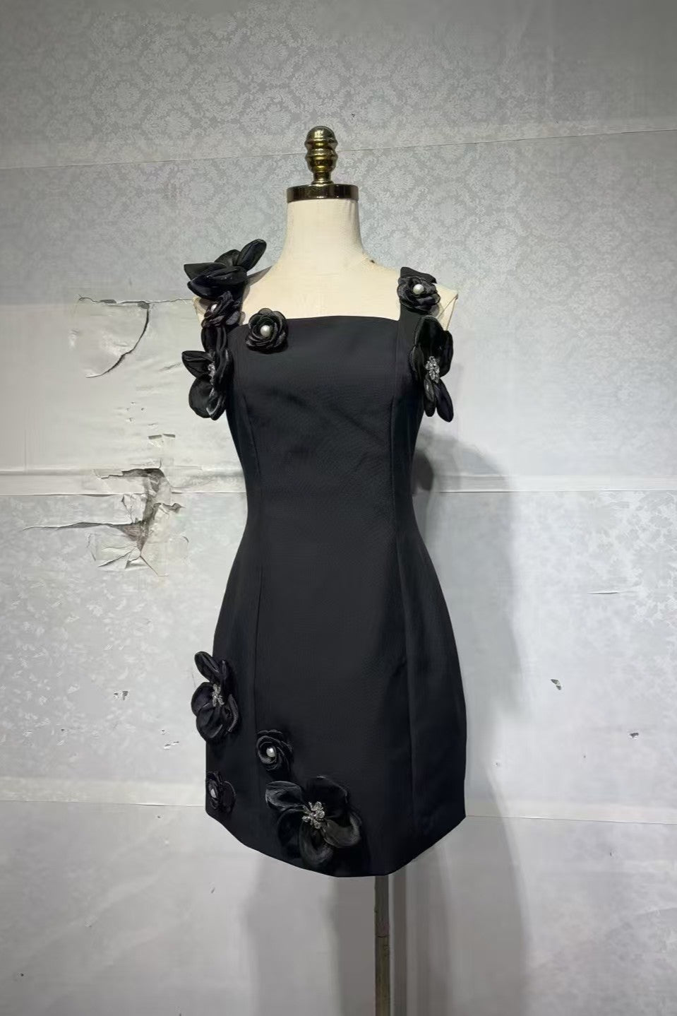 3D Flower Diamond Embellished Mini Dress in Black Avalabel
