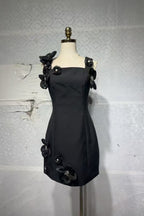 3D Flower Diamond Embellished Mini Dress in Black Avalabel