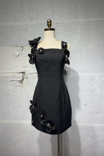 3D Flower Diamond Embellished Mini Dress in Black Avalabel