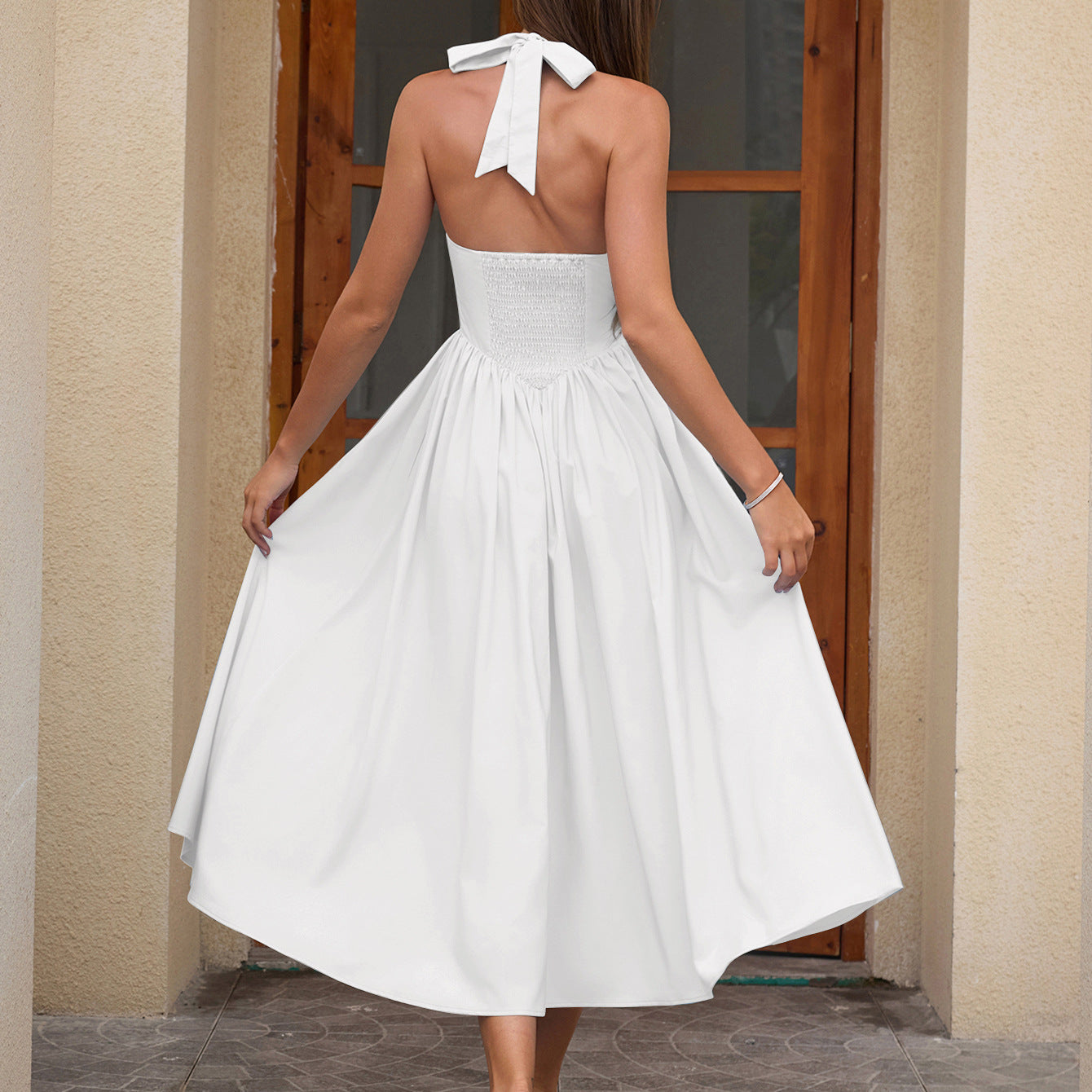 Halter Square Neck V-Waist Flared Midi Dress poava
