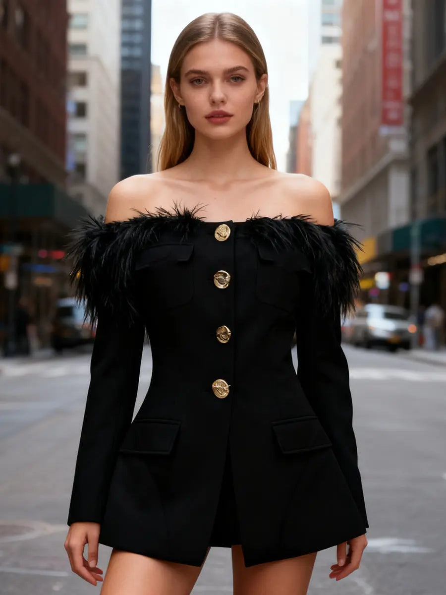 black Off-shoulder feather metal buckle decoration blazer mini dress Avalabel