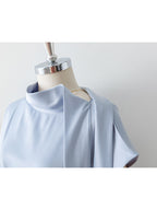 Asymmetrical Side Big Bow Stand Collar Cap Sleeve Satin Blouse poava