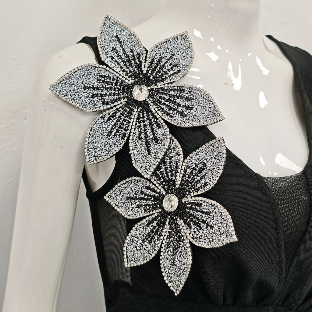rita black 3D Floral Rhinestone Bodycon Slit Maxi Bandage Dress Avalabel