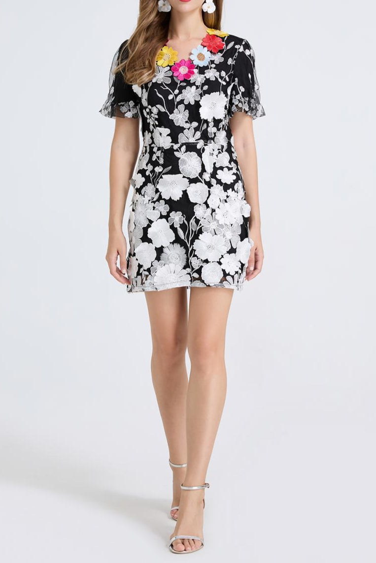 Letitia 3D Floral Embroidery Mini Dress in Black Avalabel