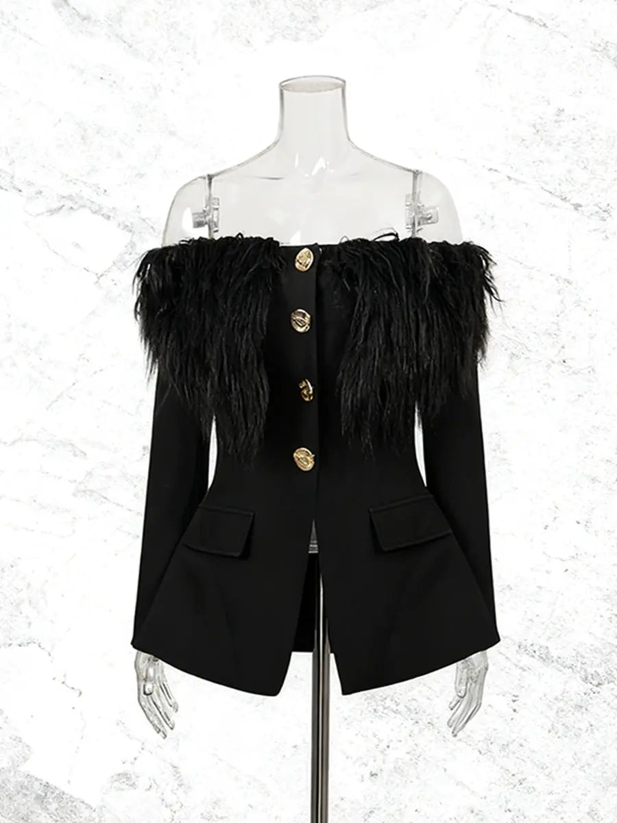 black Off-shoulder feather metal buckle decoration blazer mini dress Avalabel