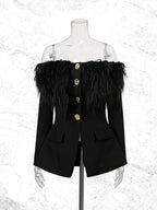 black Off-shoulder feather metal buckle decoration blazer mini dress Avalabel