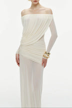 Cara Off-Shoulder Long Sleeve Pleated Mesh Maxi Dress in White Avalabel