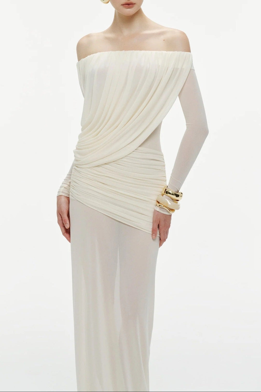 Cara Off-Shoulder Long Sleeve Pleated Mesh Maxi Dress in White Avalabel