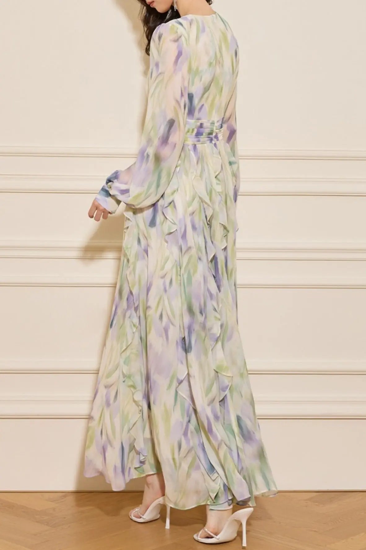 rachel multicolor v-neck floral print lantern sleeve maxi dress Avalabel