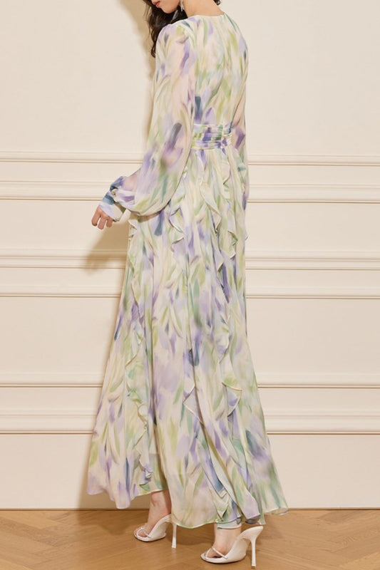 rachel multicolor v-neck floral print lantern sleeve maxi dress