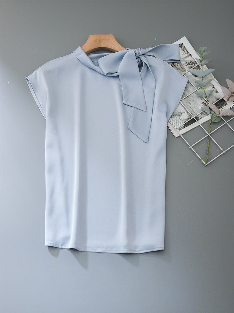 Asymmetrical Side Big Bow Stand Collar Cap Sleeve Satin Blouse poava