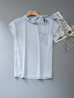 Asymmetrical Side Big Bow Stand Collar Cap Sleeve Satin Blouse poava